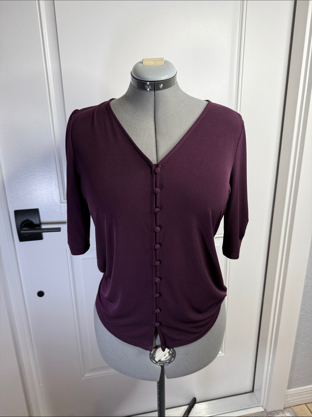 Calvin Klein Women's V-Neck Button-Front Top in Deep Plum